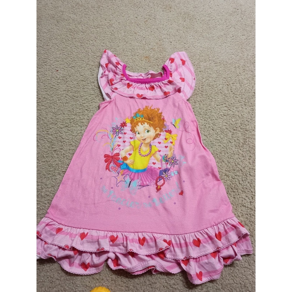 Disney Fancy Nancy Pink Ruffle Nightgown Pajama Dress Girls Size 5/6 Heart Trim